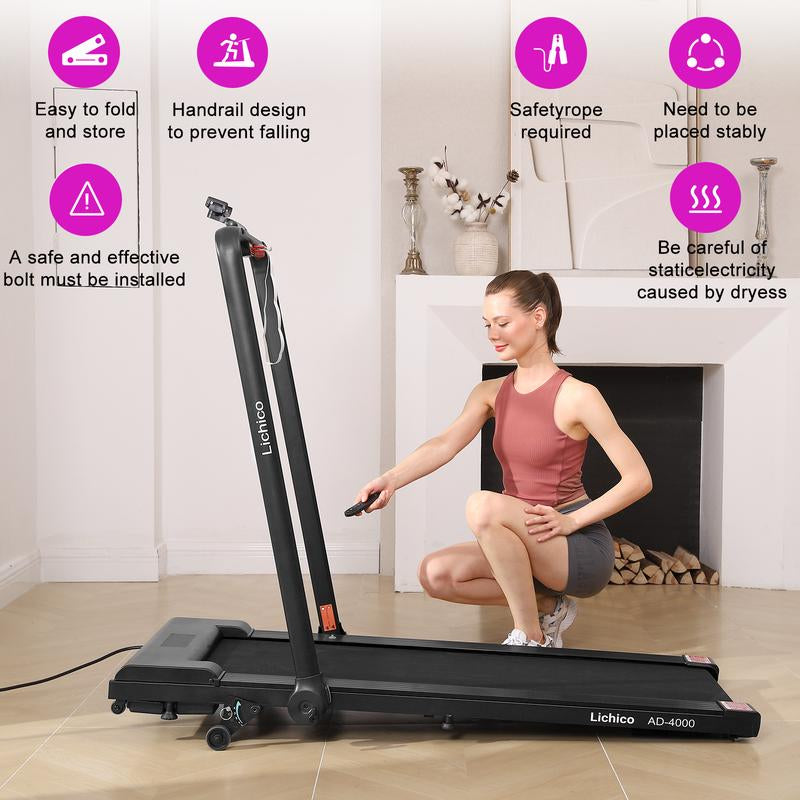 8.7MPH LICHICO Treadmill with 4-Level Incline, Flat/Incline Modes, Remote Control, Quiet Motor, Stable 2-In-1 Running Machine for Home & Office Fitness