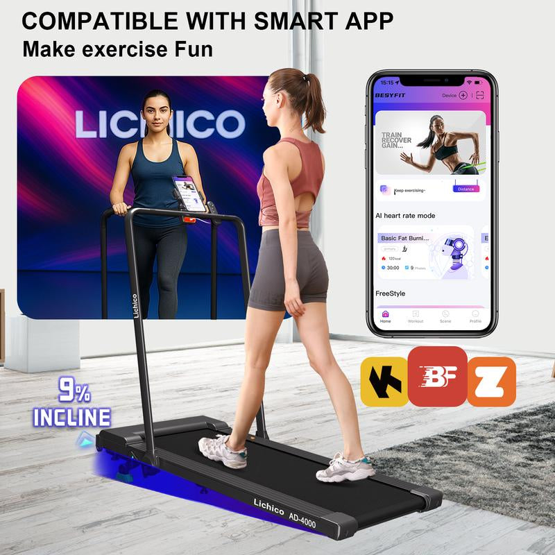 8.7MPH LICHICO Treadmill with 4-Level Incline, Flat/Incline Modes, Remote Control, Quiet Motor, Stable 2-In-1 Running Machine for Home & Office Fitness