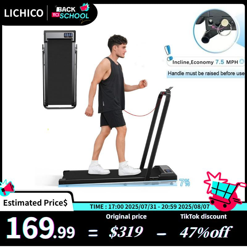 8.7MPH LICHICO Treadmill with 4-Level Incline, Flat/Incline Modes, Remote Control, Quiet Motor, Stable 2-In-1 Running Machine for Home & Office Fitness