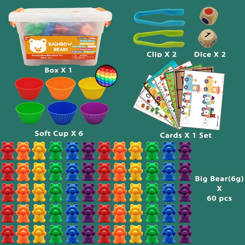 Montessori Toys Box Rainbow Stack Cups Counting Bears Color Weights Sensory Toys