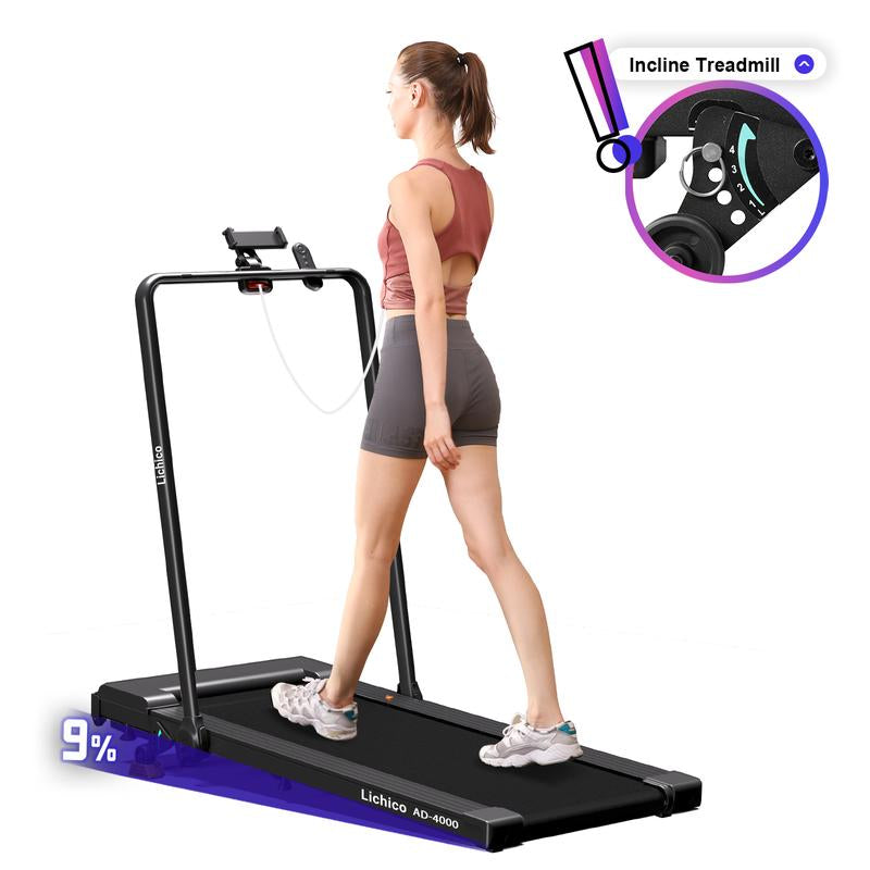 8.7MPH LICHICO Treadmill with 4-Level Incline, Flat/Incline Modes, Remote Control, Quiet Motor, Stable 2-In-1 Running Machine for Home & Office Fitness